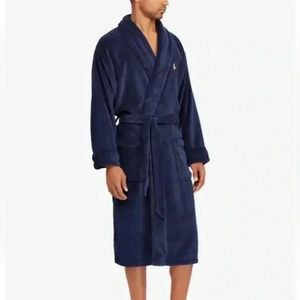 Polo by  Ralph Lauren navy big polo pony yellow logo long plush fleece robe L/XL